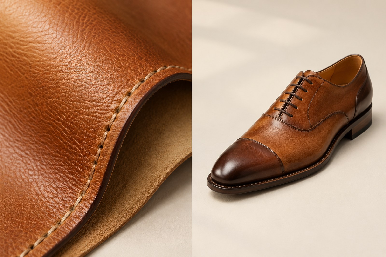 Full-grain leather grain and saddle stitching